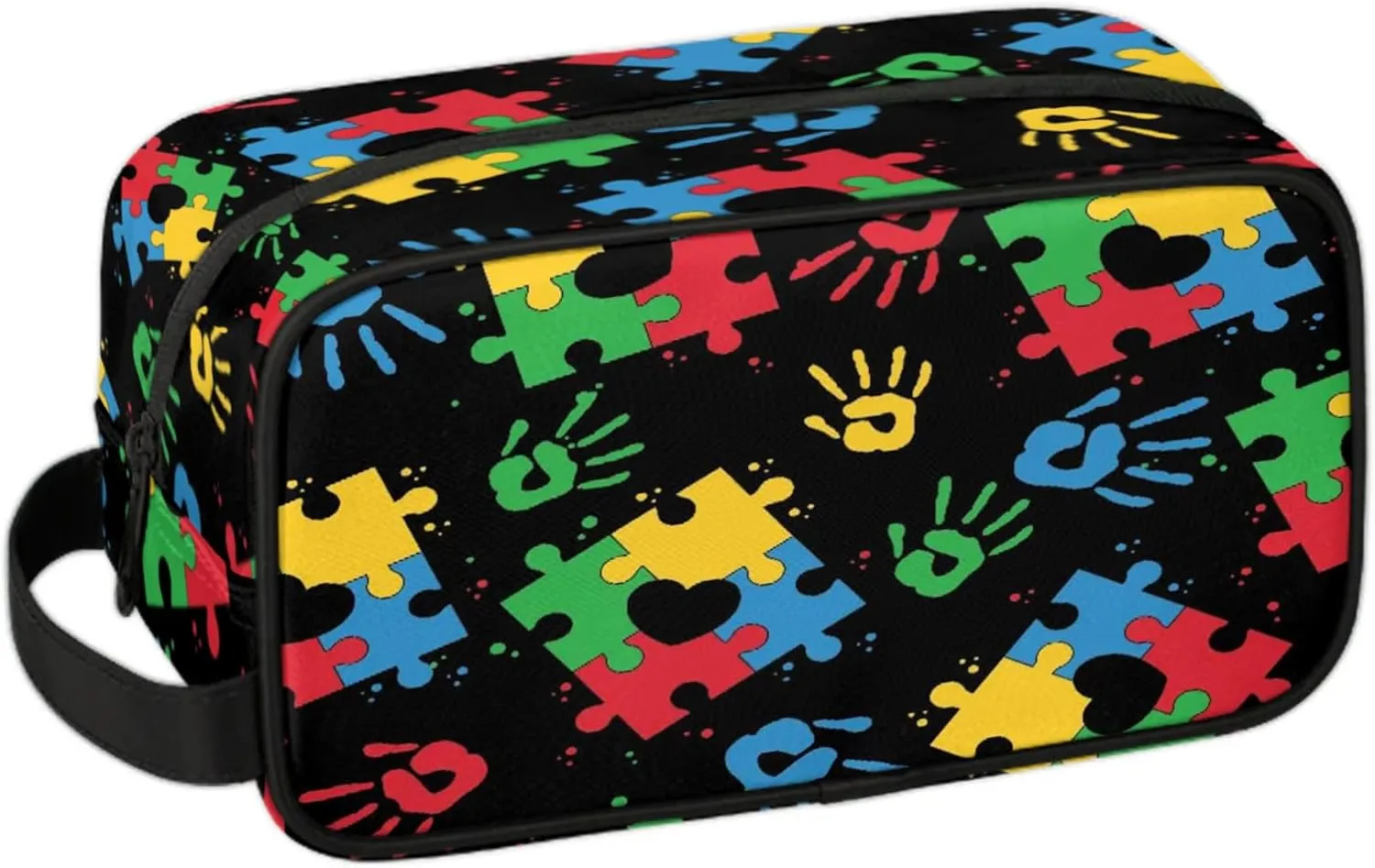 Autism Awareness Kids Toiletry Bag Colorful Puzzle Print Waterproof Hanging Cosmetic Pouch Dopp Kit Medicine Travel Organizer Bag for Girls & Boys