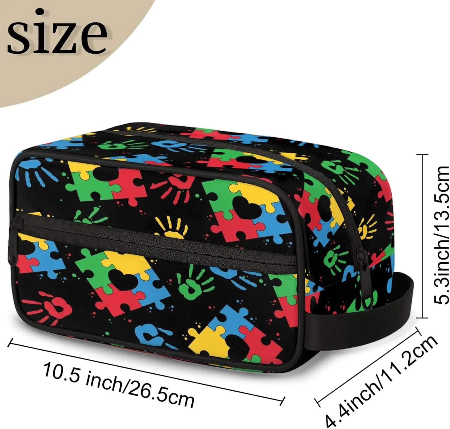Autism Awareness Kids Toiletry Bag Colorful Puzzle Print Waterproof Hanging Cosmetic Pouch Dopp Kit Medicine Travel Organizer Bag for Girls & Boys