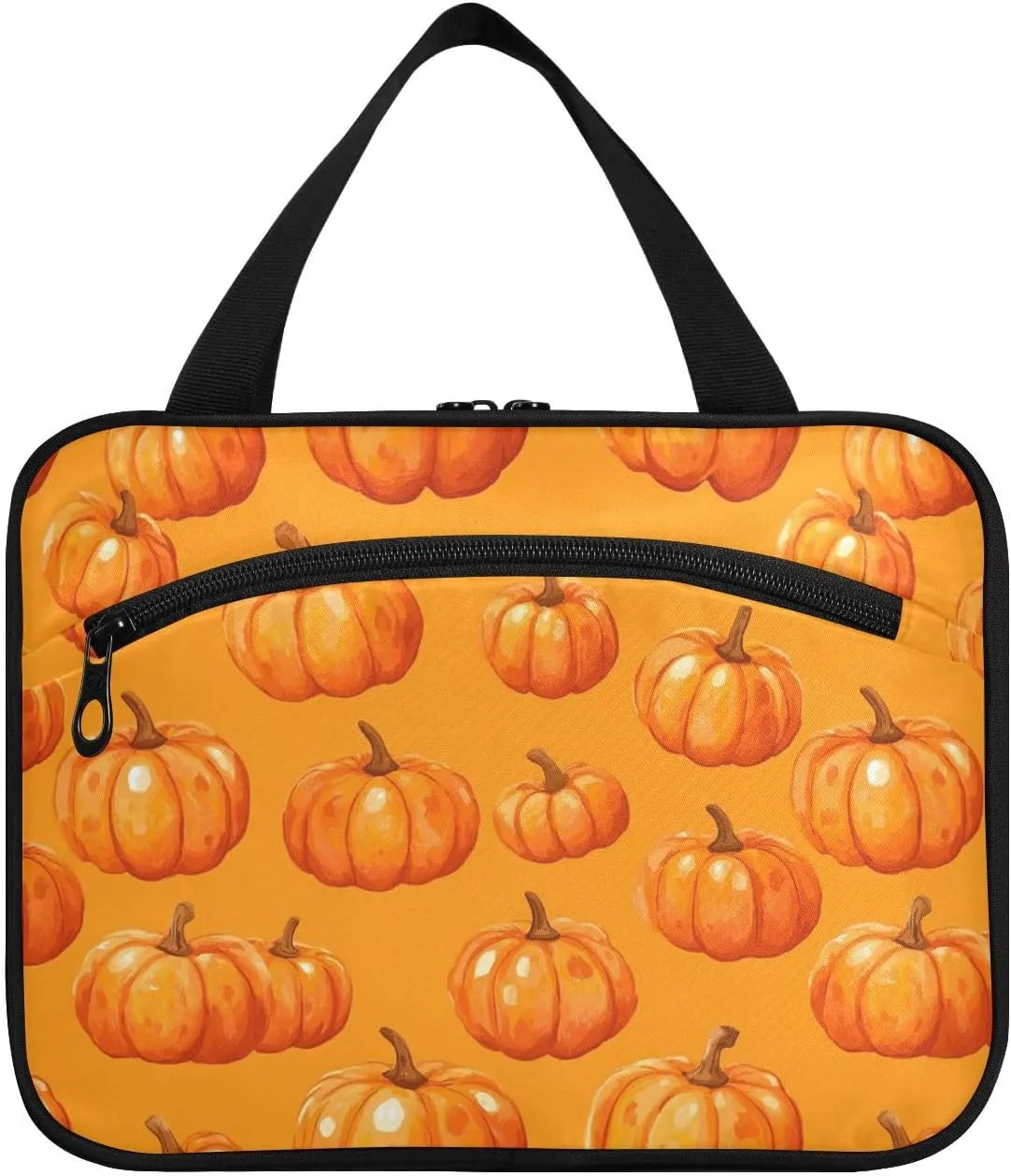 Autumn Orange Punpkins hanging travel bag hanging with hook, designer compact bag for makeup for women must haves backpacking estuche para brochas maquillaje