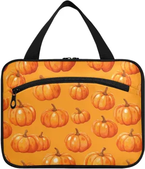 Autumn Orange Punpkins hanging travel bag hanging with hook, designer compact bag for makeup for women must haves backpacking estuche para brochas maquillaje
