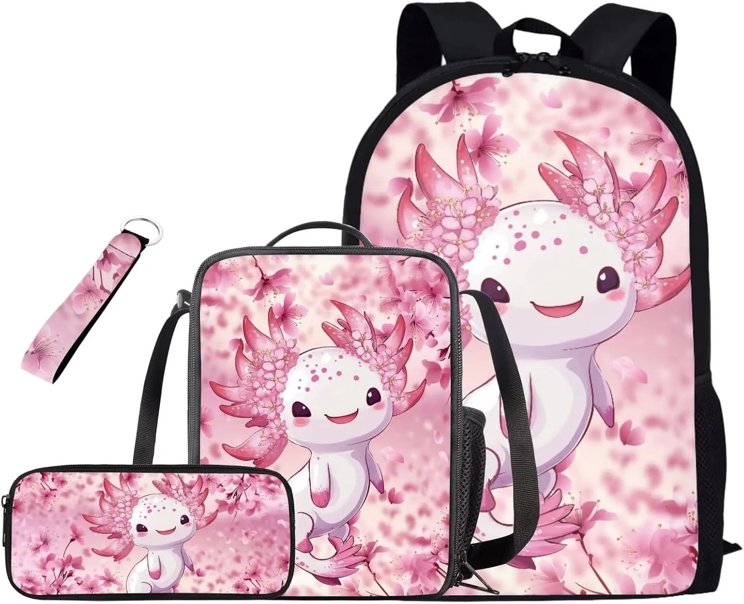Axolotl Backpack for Girls with Lunchbox Preschool Elementary Middle School Backpack for Kids 4 In 1 Comfort School Bags Set Back to School Stuff for Students