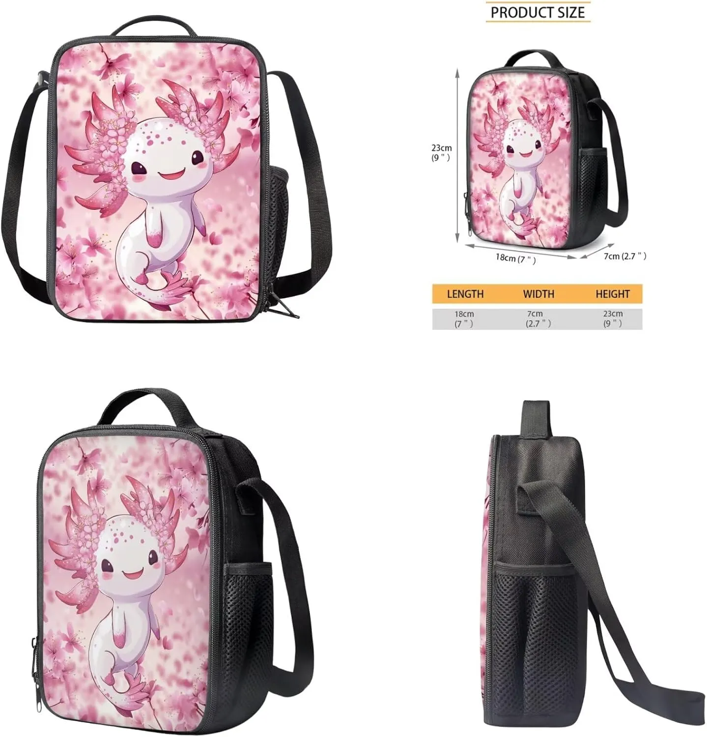 Axolotl Backpack for Girls with Lunchbox Preschool Elementary Middle School Backpack for Kids 4 In 1 Comfort School Bags Set Back to School Stuff for Students