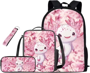 Axolotl Backpack for Girls with Lunchbox Preschool Elementary Middle School Backpack for Kids 4 In 1 Comfort School Bags Set Back to School Stuff for Students