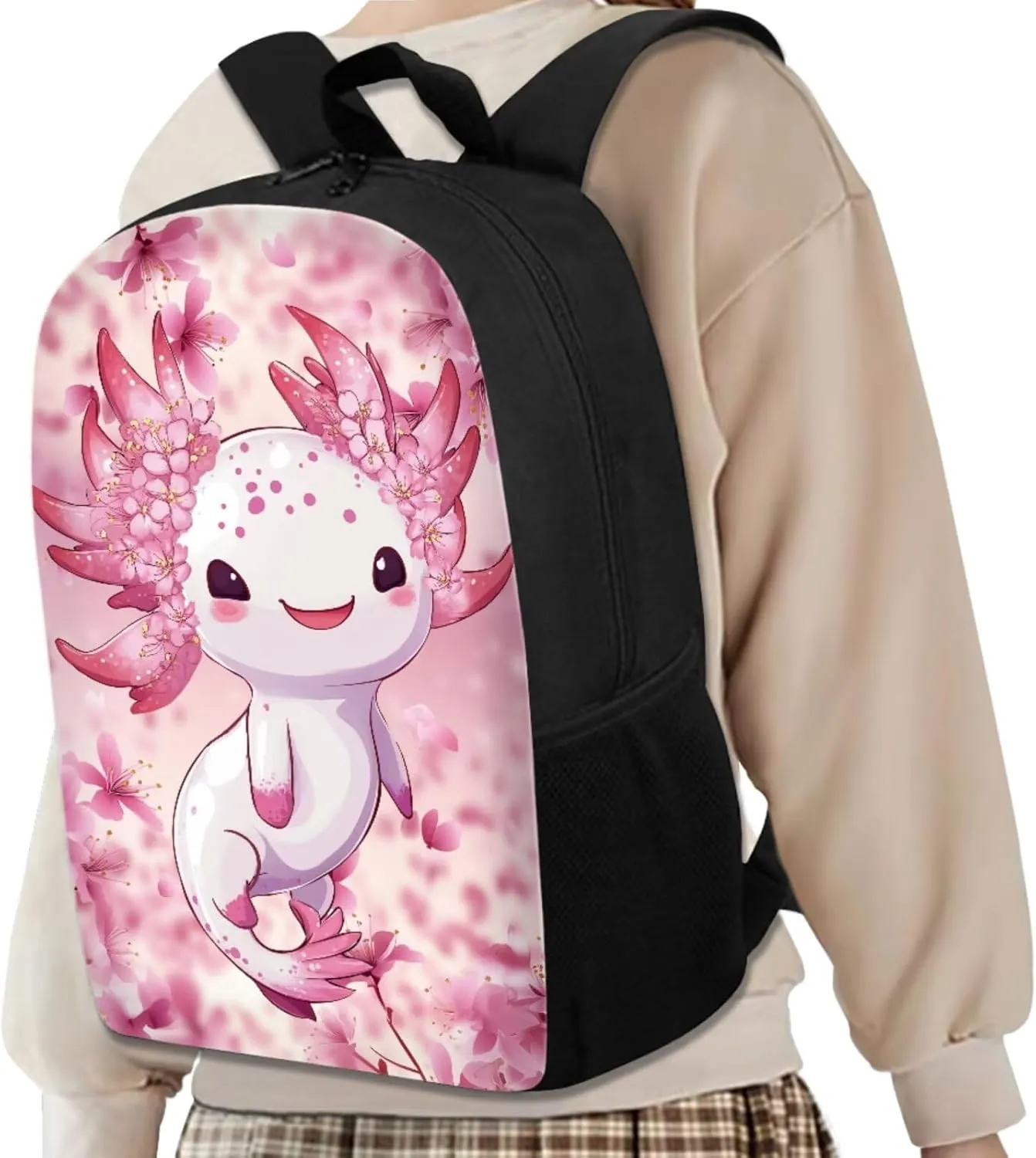 Axolotl Backpack for Girls with Lunchbox Preschool Elementary Middle School Backpack for Kids 4 In 1 Comfort School Bags Set Back to School Stuff for Students