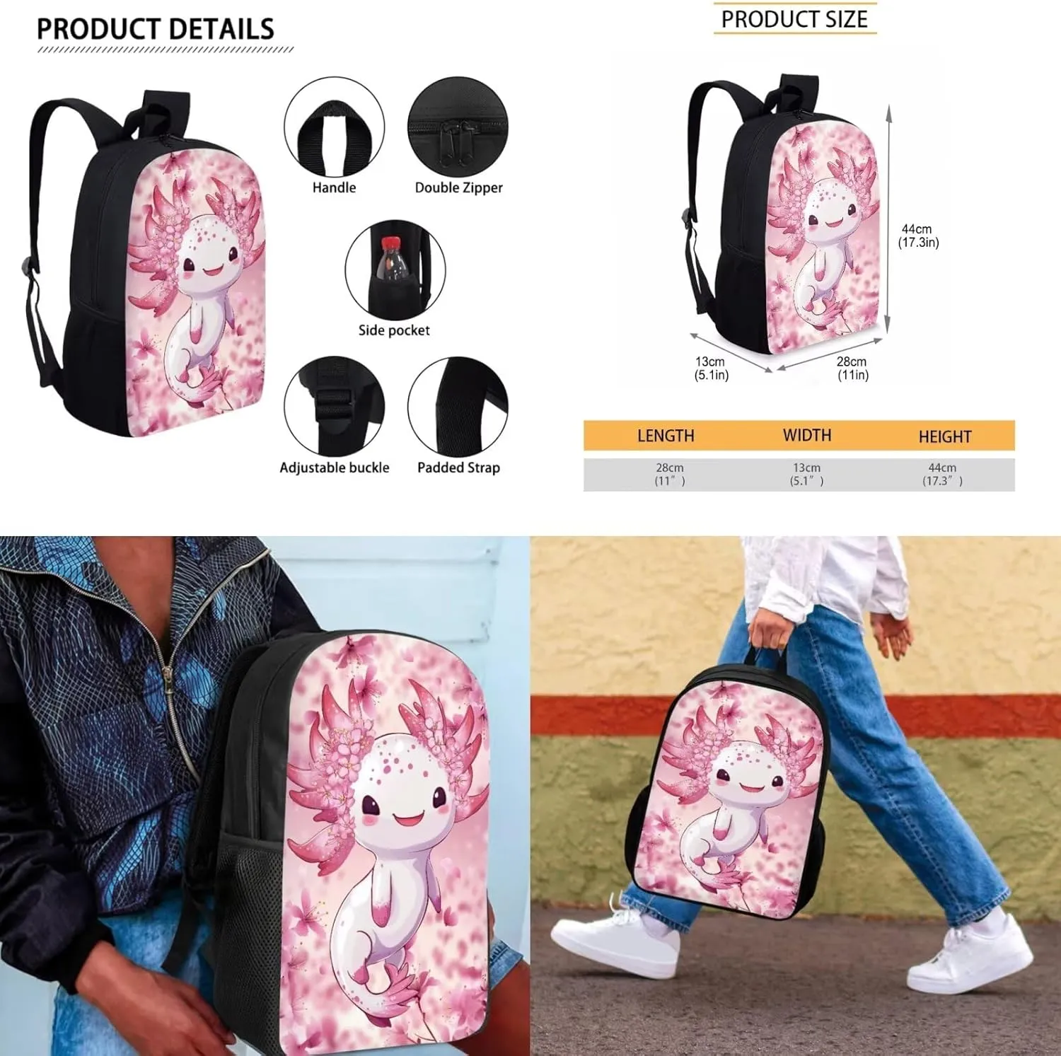 Axolotl Backpack for Girls with Lunchbox Preschool Elementary Middle School Backpack for Kids 4 In 1 Comfort School Bags Set Back to School Stuff for Students
