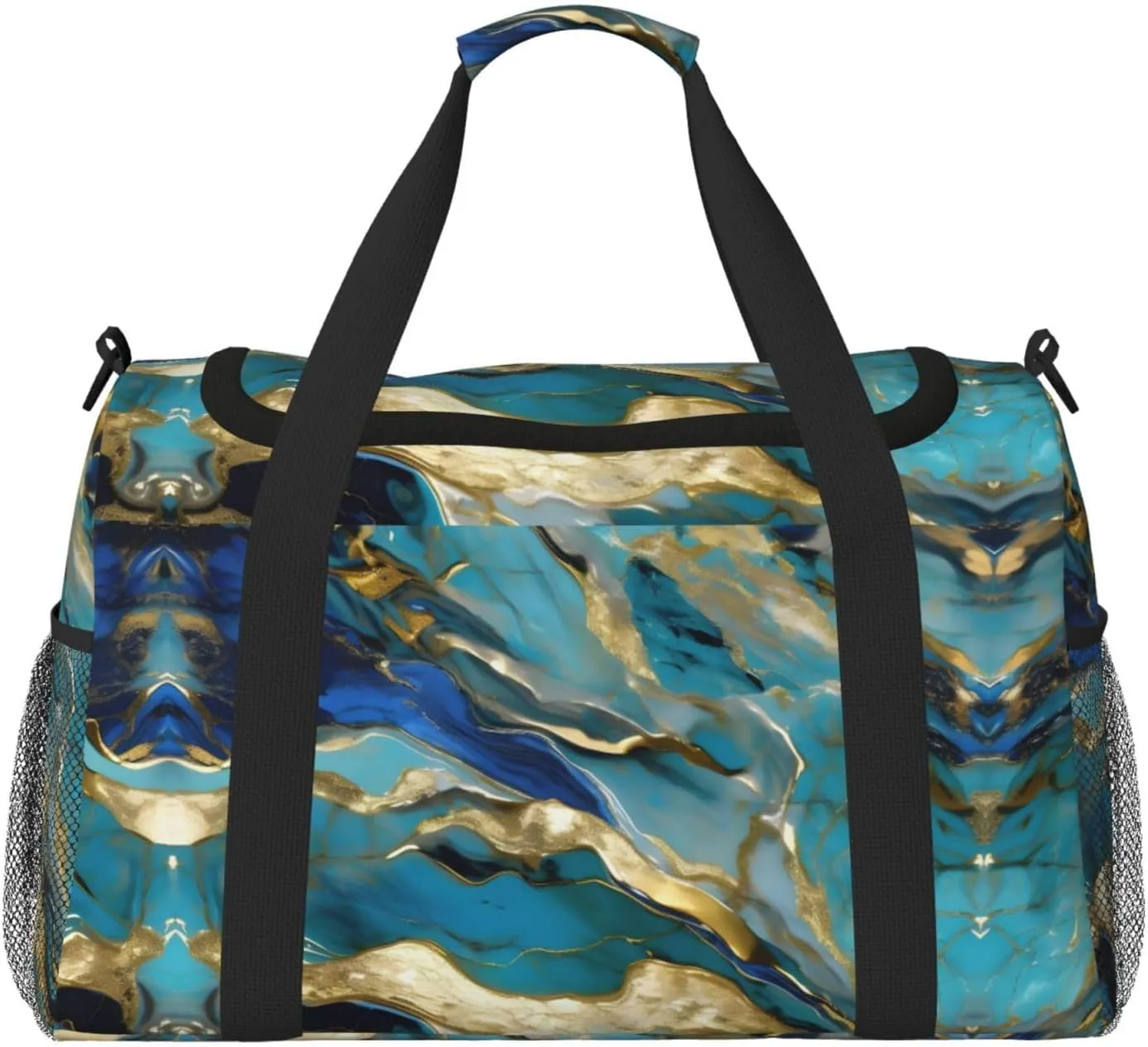 Azurite Teal and Foil Gold Oil Marble Pattern print Weekender Overnight Carry On Bag Gym Luggage Bag Duffel Bag for Travel Women