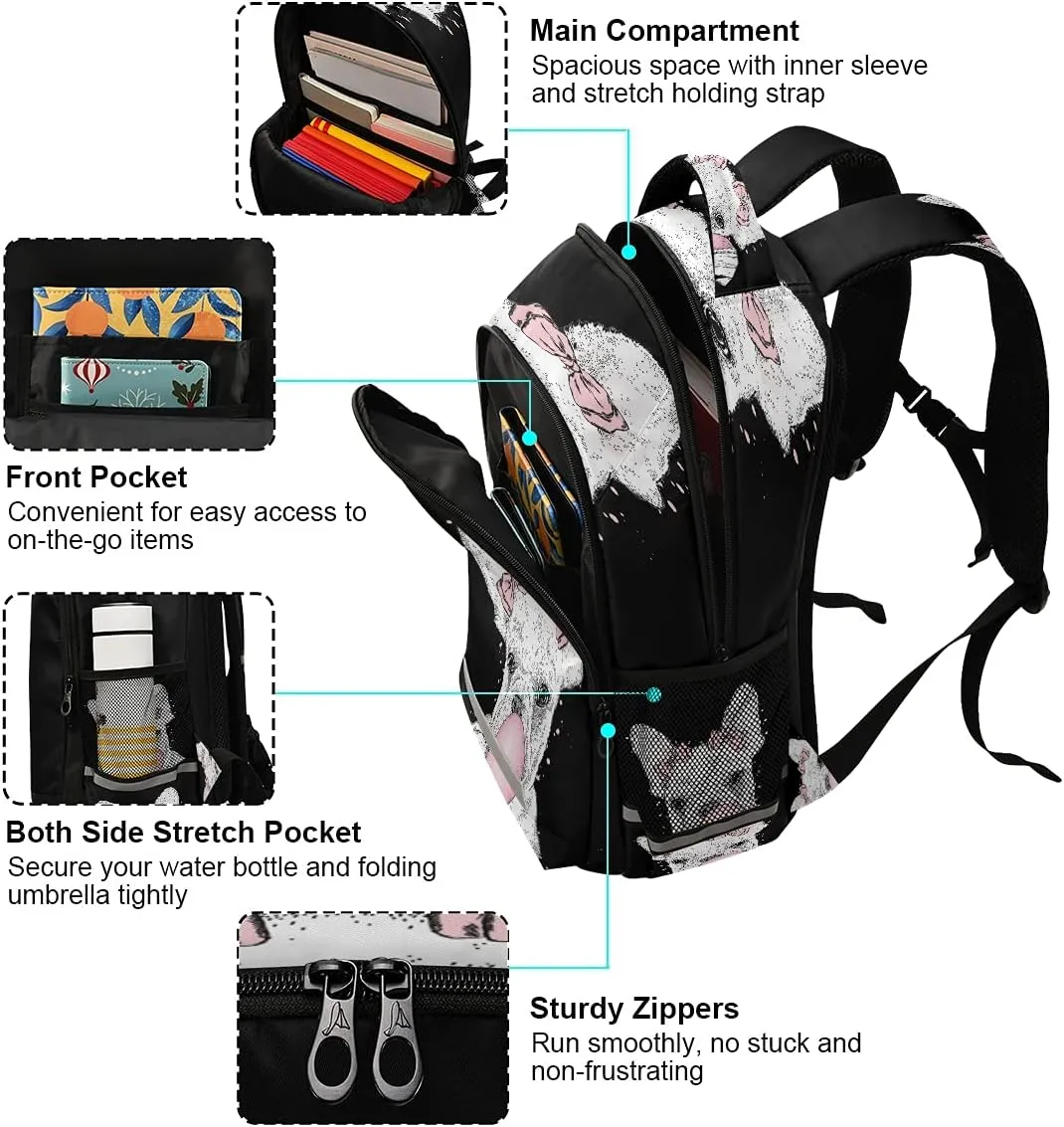 Backpack Bookbag Cute French Bulldog School Bag Travel Bag for Girls Boys Teen
