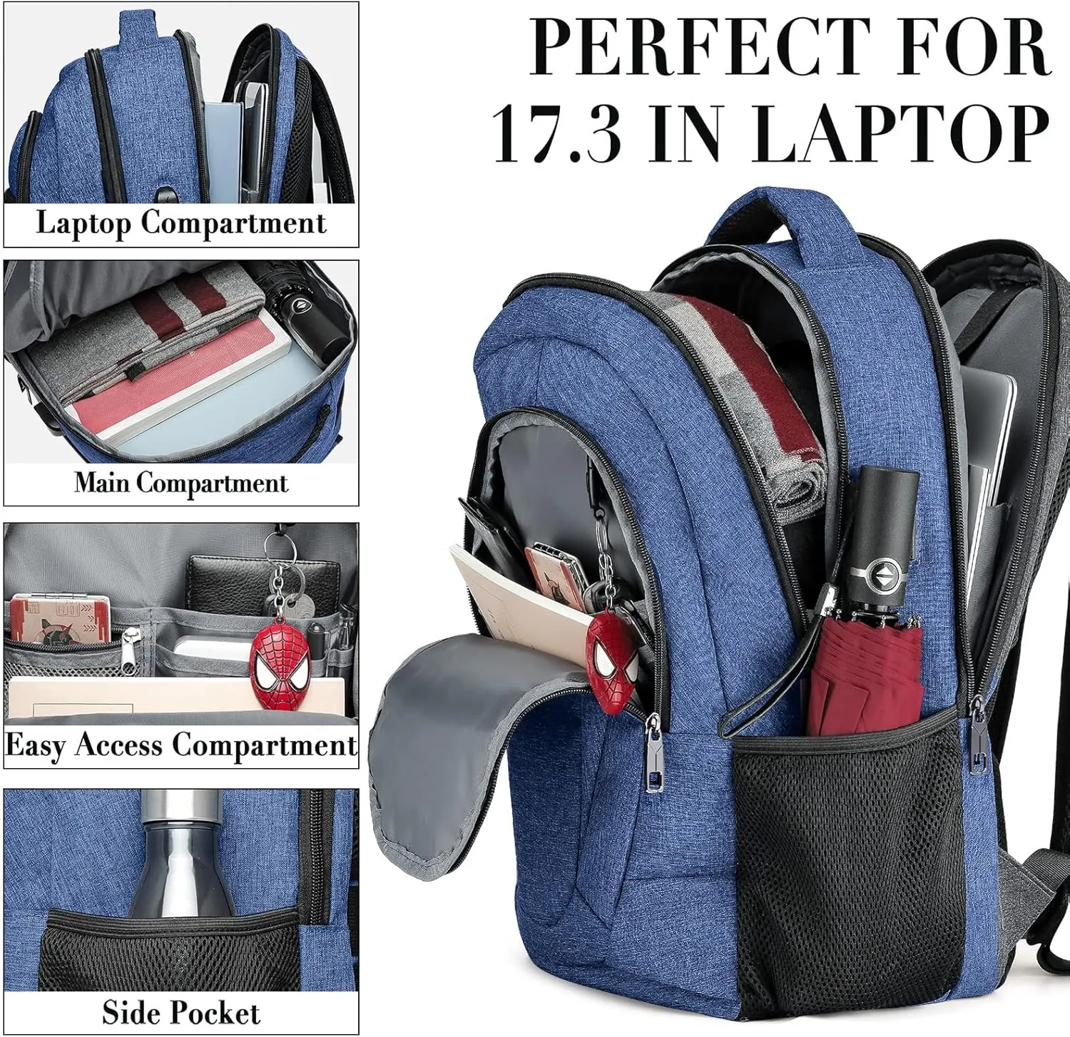 Backpack for Women and Men, Extra Large School Backpacks for Teens, Water Resistant Back Pack with USB Charging Port Fits 17 Inch Laptop, Business Anti Theft Sturdy Computer Bag Gifts, Blue