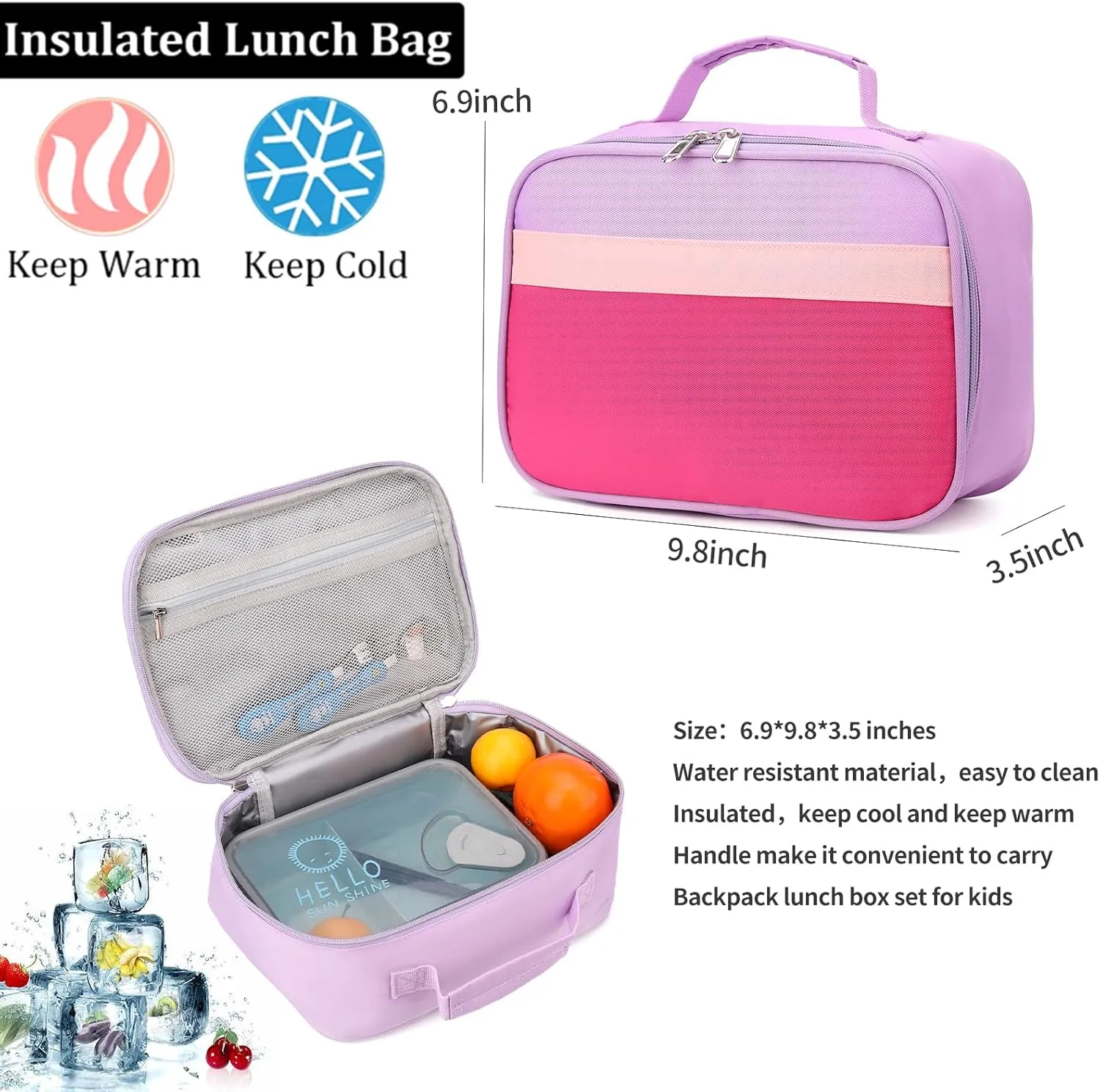 Backpack Set for Girls Boy Kids Backpack with Lunch Box for Elementary Primary Kindergarten School Bag (Taropurple Pink, Large)
