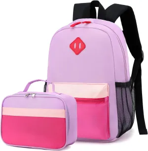 Backpack Set for Girls Boy Kids Backpack with Lunch Box for Elementary Primary Kindergarten School Bag (Taropurple Pink, Large)