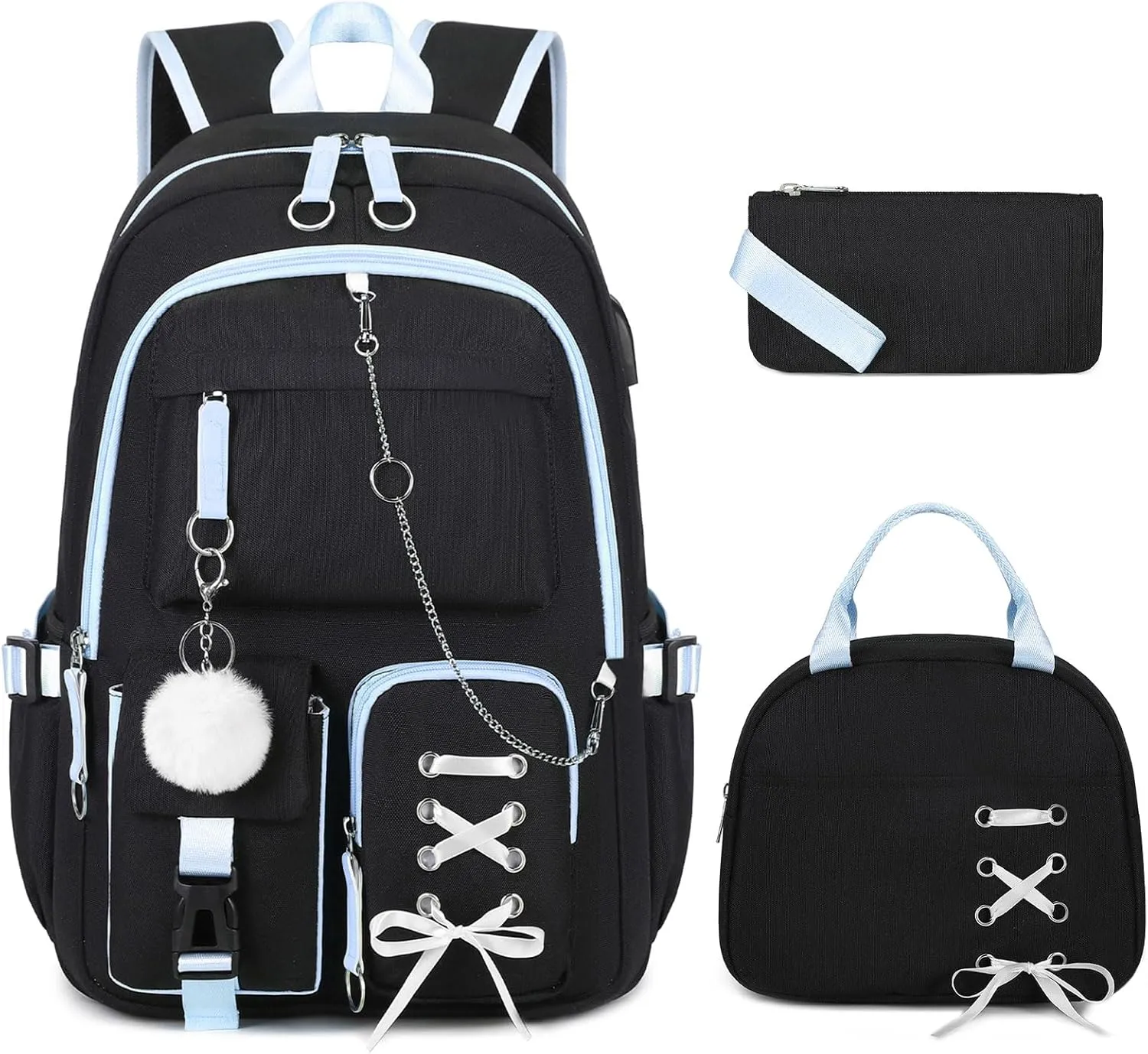 Backpacks for Girls, Girls Backpack with Lunch Box and Pencil Case for Teen Kids Elementary Middle High School College Student, Children Backpack Bookbag with USB Charging Port (Black Blue with Chain)