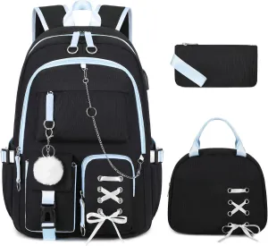 Backpacks for Girls, Girls Backpack with Lunch Box and Pencil Case for Teen Kids Elementary Middle High School College Student, Children Backpack Bookbag with USB Charging Port (Black Blue with Chain)