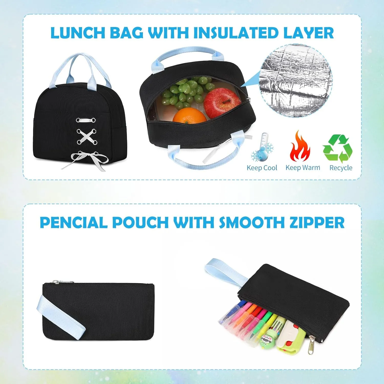 Backpacks for Girls, Girls Backpack with Lunch Box and Pencil Case for Teen Kids Elementary Middle High School College Student, Children Backpack Bookbag with USB Charging Port (Black Blue with Chain)