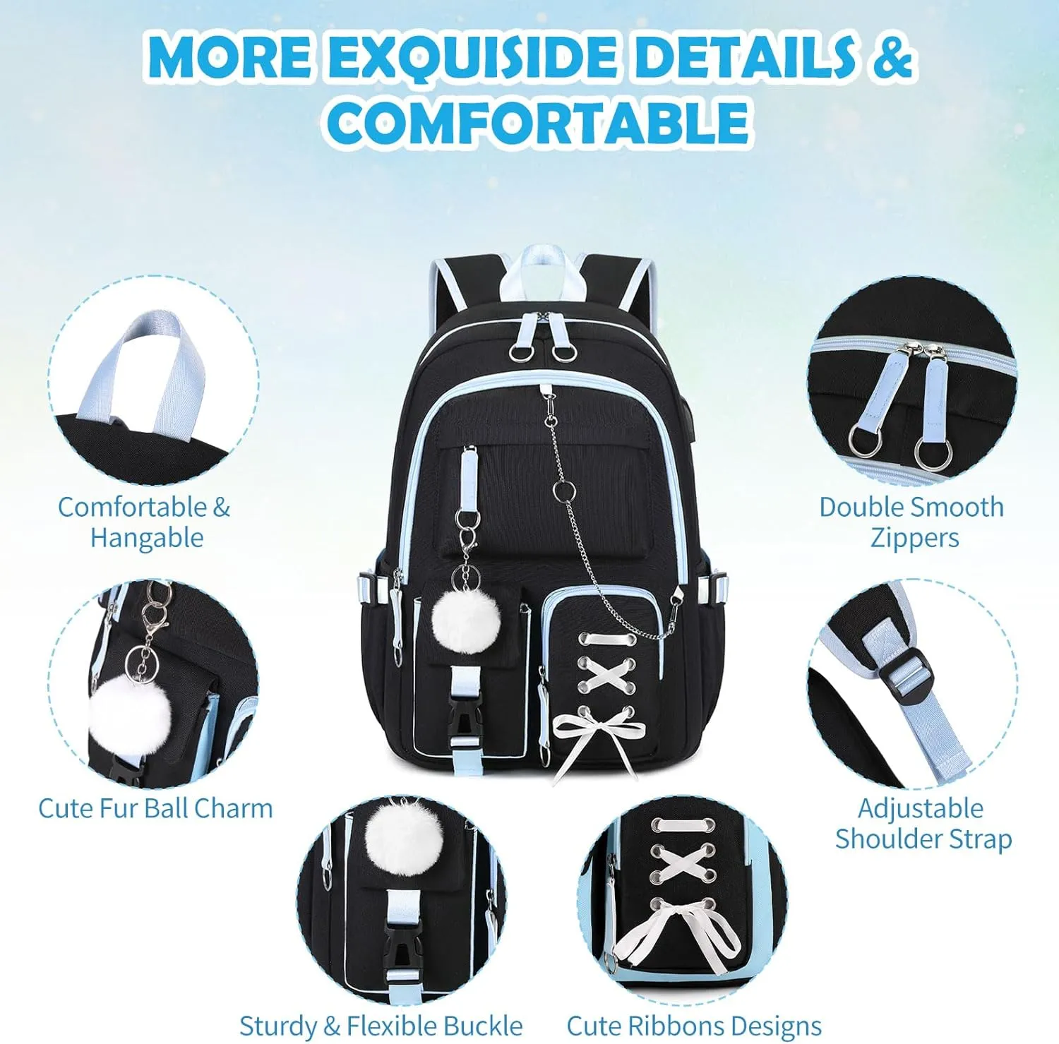 Backpacks for Girls, Girls Backpack with Lunch Box and Pencil Case for Teen Kids Elementary Middle High School College Student, Children Backpack Bookbag with USB Charging Port (Black Blue with Chain)