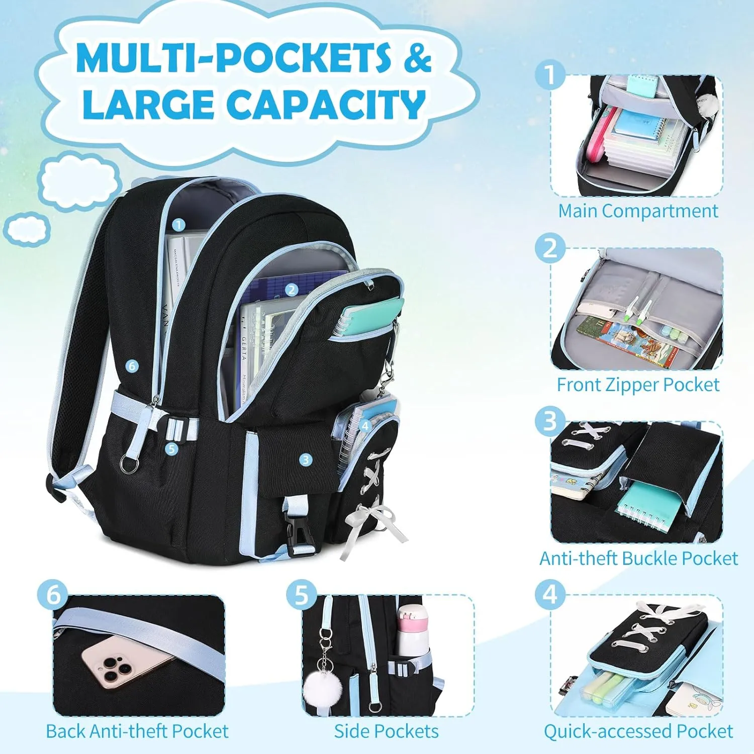 Backpacks for Girls, Girls Backpack with Lunch Box and Pencil Case for Teen Kids Elementary Middle High School College Student, Children Backpack Bookbag with USB Charging Port (Black Blue with Chain)