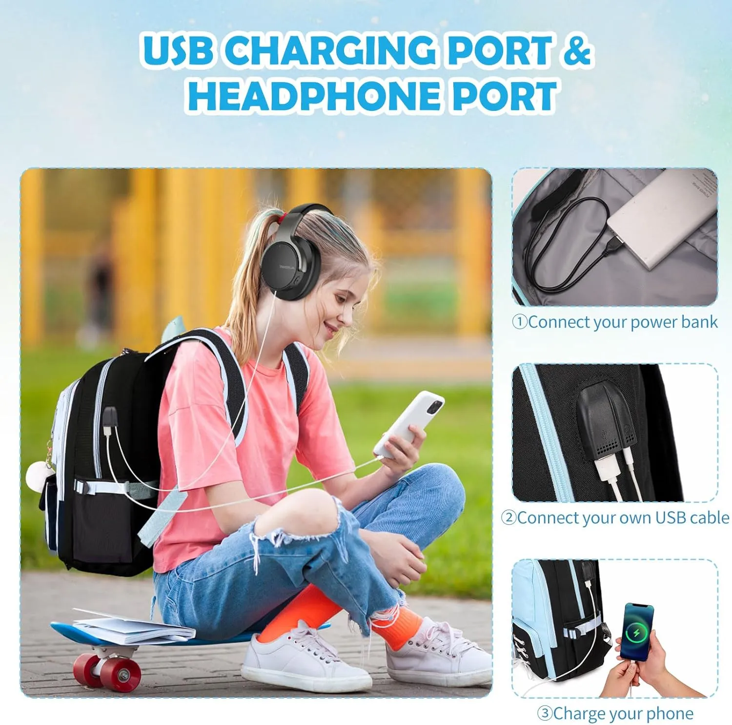 Backpacks for Girls, Girls Backpack with Lunch Box and Pencil Case for Teen Kids Elementary Middle High School College Student, Children Backpack Bookbag with USB Charging Port (Black Blue with Chain)