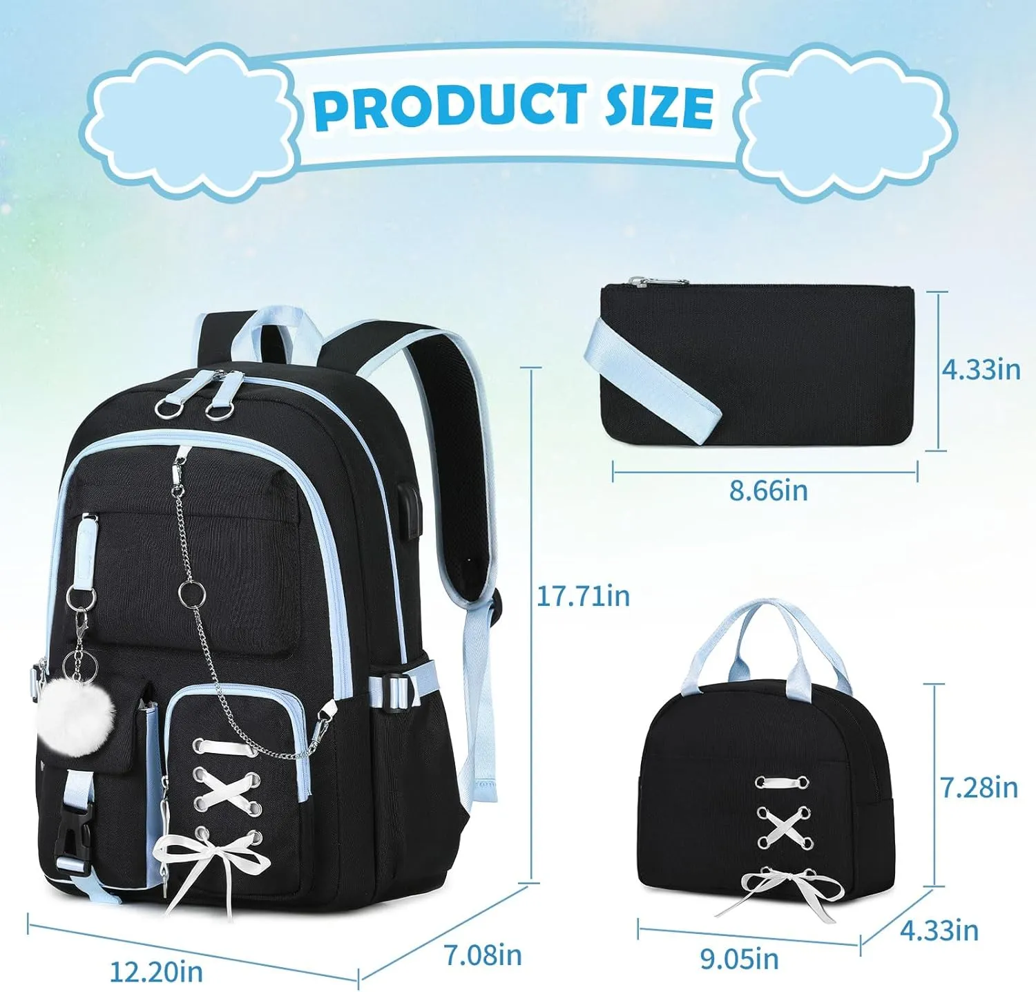 Backpacks for Girls, Girls Backpack with Lunch Box and Pencil Case for Teen Kids Elementary Middle High School College Student, Children Backpack Bookbag with USB Charging Port (Black Blue with Chain)