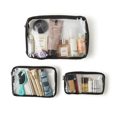 BAGGALLINI CTP485 BLACK CLEAR TRAVEL POUCHES SET/3