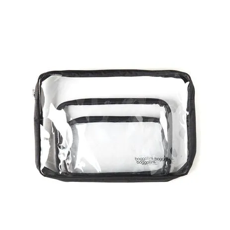 BAGGALLINI CTP485 BLACK CLEAR TRAVEL POUCHES SET/3