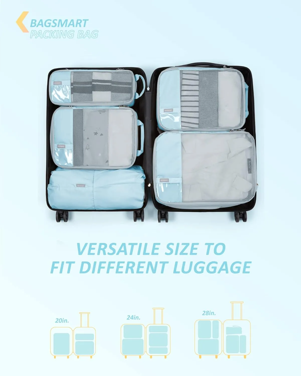 BAGSMART 6 Set Compression Packing Cubes - Lightweight Travel Essentials, Durable Luggage Organizer