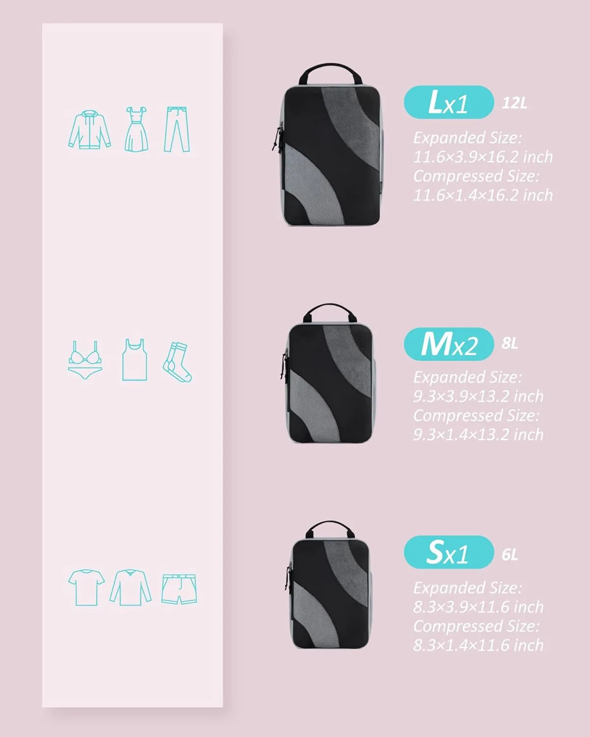 BAGSMART Compression Packing Cubes, 6 Set/4 Set/2 Set Travel Packing Cubes for Carry on Suitcases, Compression Suitcase Organizers Bag Set & Travel Cubes for Luggage, Lightweight Packing Organizers