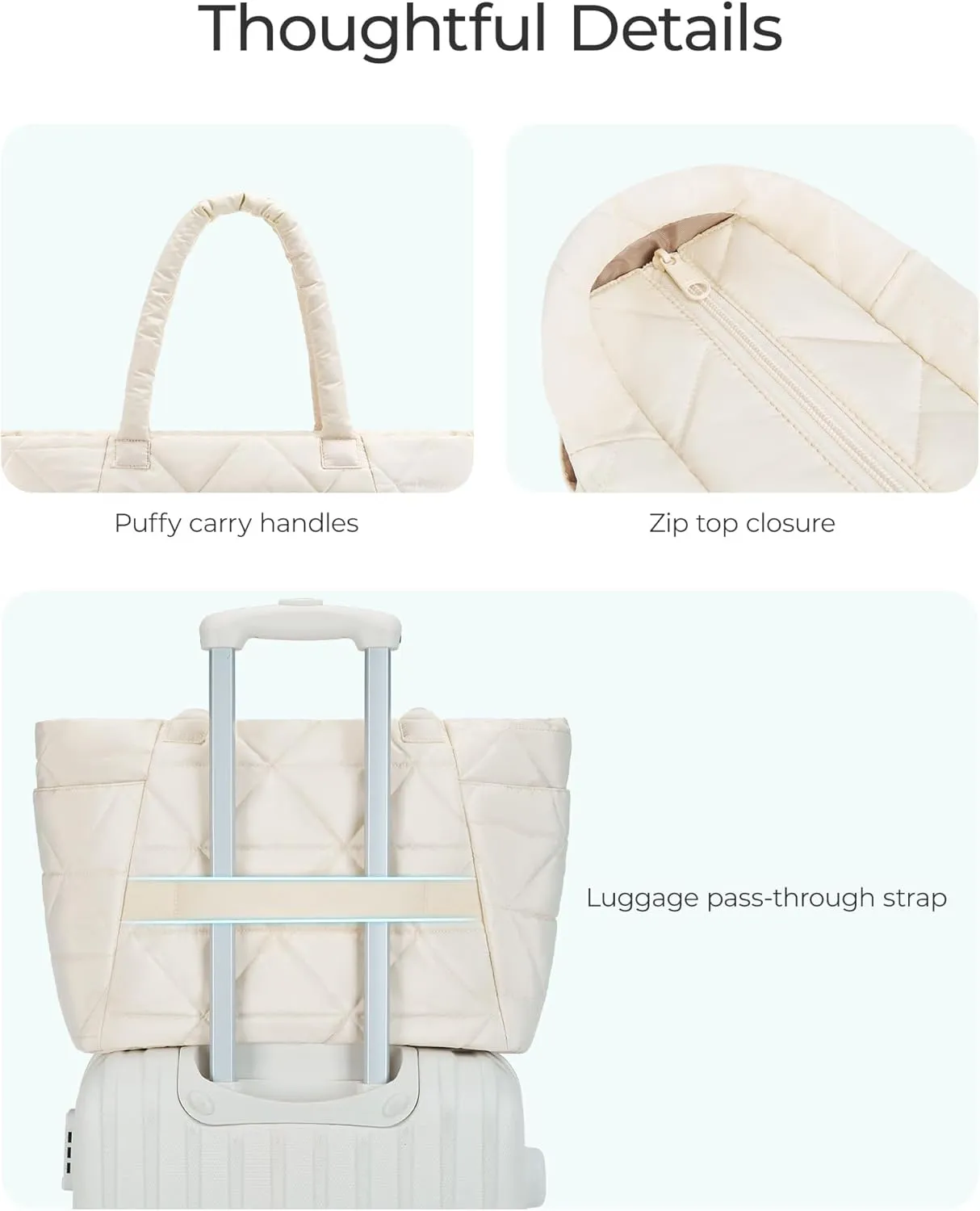BAGSMART Tote Bag for Women, Puffy Tote Bag with Zipper, Large Quilted Shoulder Bag with Compartments for Travel, Work, Gym