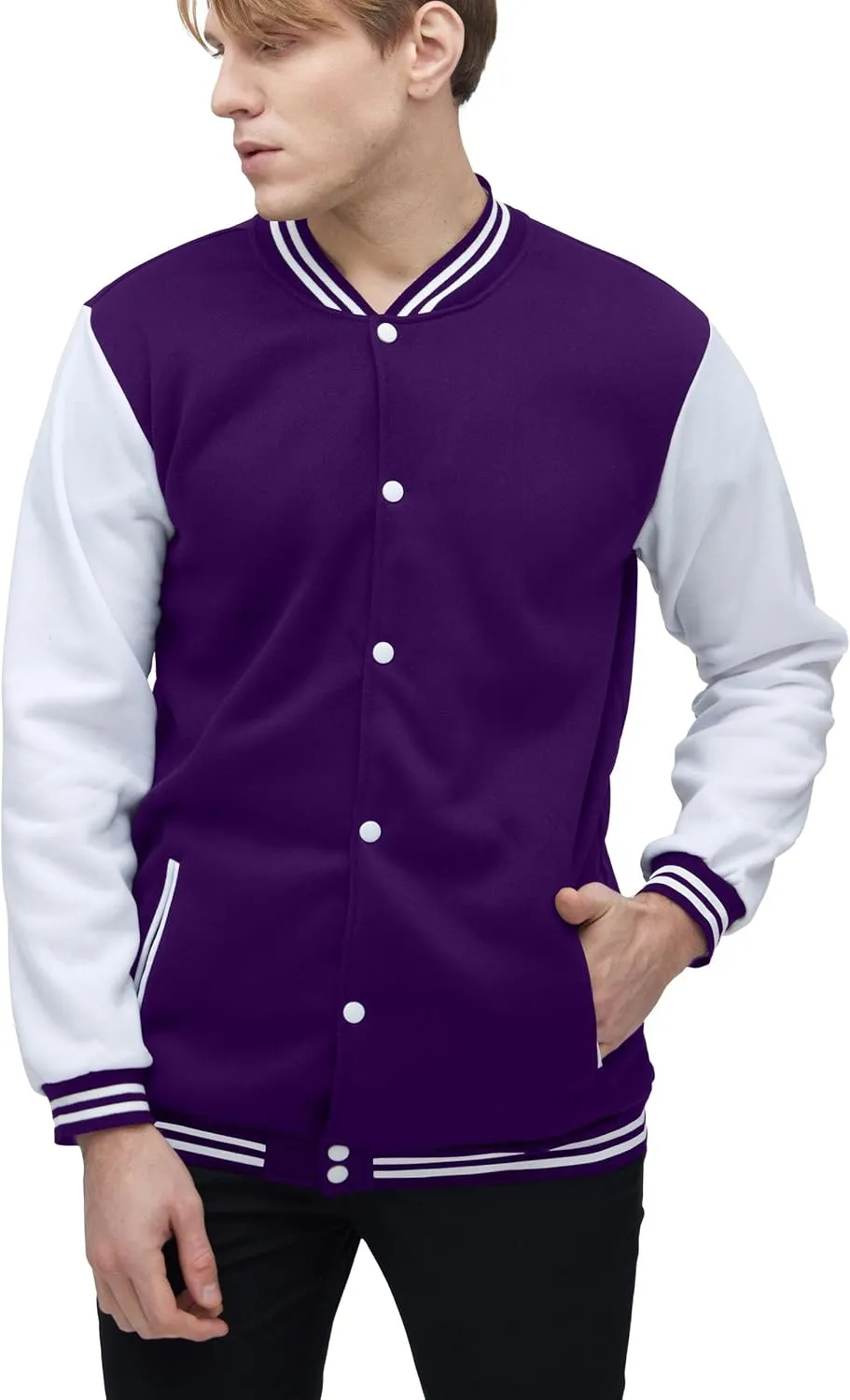 BAICAIYU Men's Baseball Varsity Jacket Hooded Button Closure Coat Fashion Leather Sleeve Letterman Bomber Top