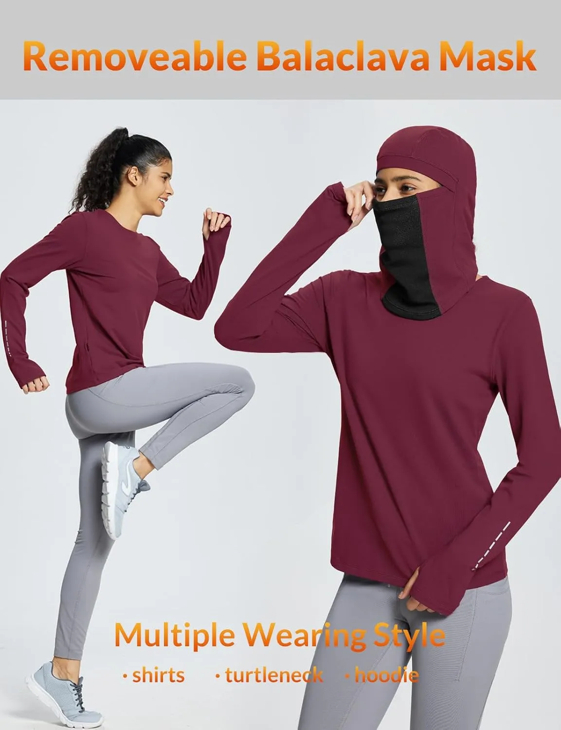 baleaf Thermal Long Sleeve Women Shirts Winter Clothes Cowl Neck Warm Fleece Base Layer Tops with Balaclava and Thumbholes
