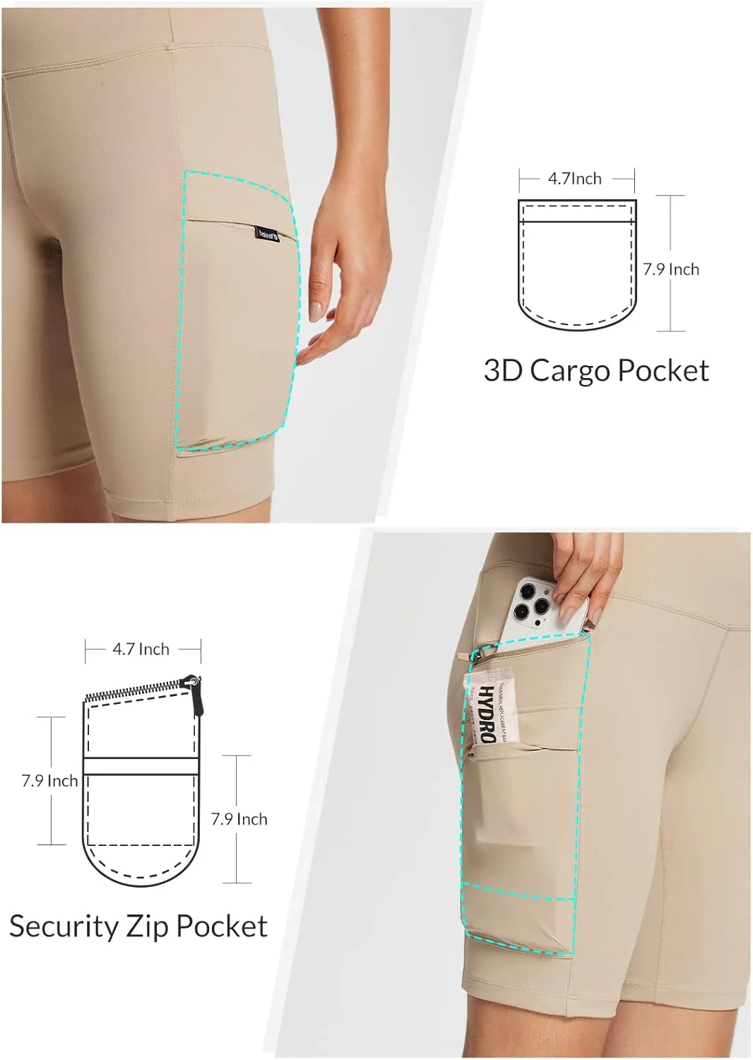 baleaf Women's Hiking Shorts High Waist Biker Shorts Close Fit Cargo Zip Pockets Running Outdoor Travel Workout