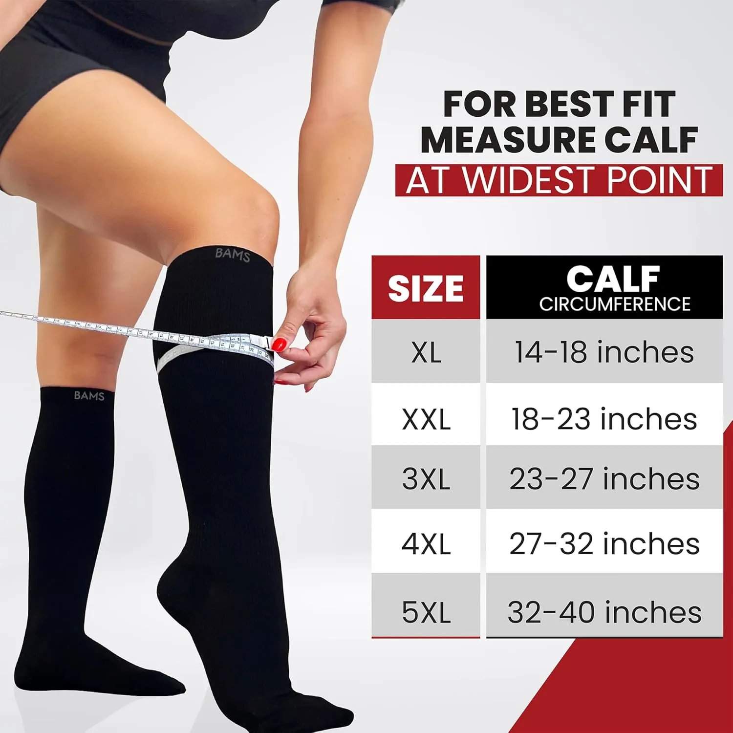 BAMS Plus Size Compression Socks Wide Calf XL XXL XXXL – Graduated Knee-High Support, Viscose from Bamboo Easy-On/Easy-Off