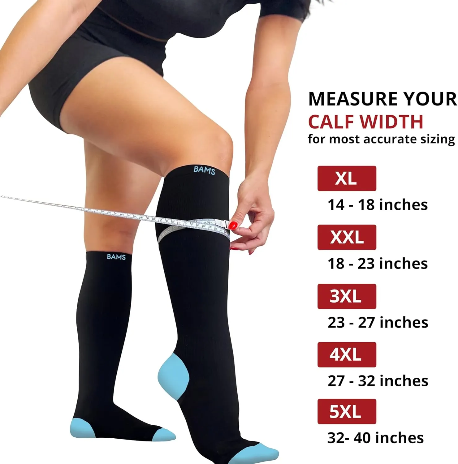 BAMS Plus Size Compression Socks Wide Calf XL XXL XXXL – Graduated Knee-High Support, Viscose from Bamboo Easy-On/Easy-Off