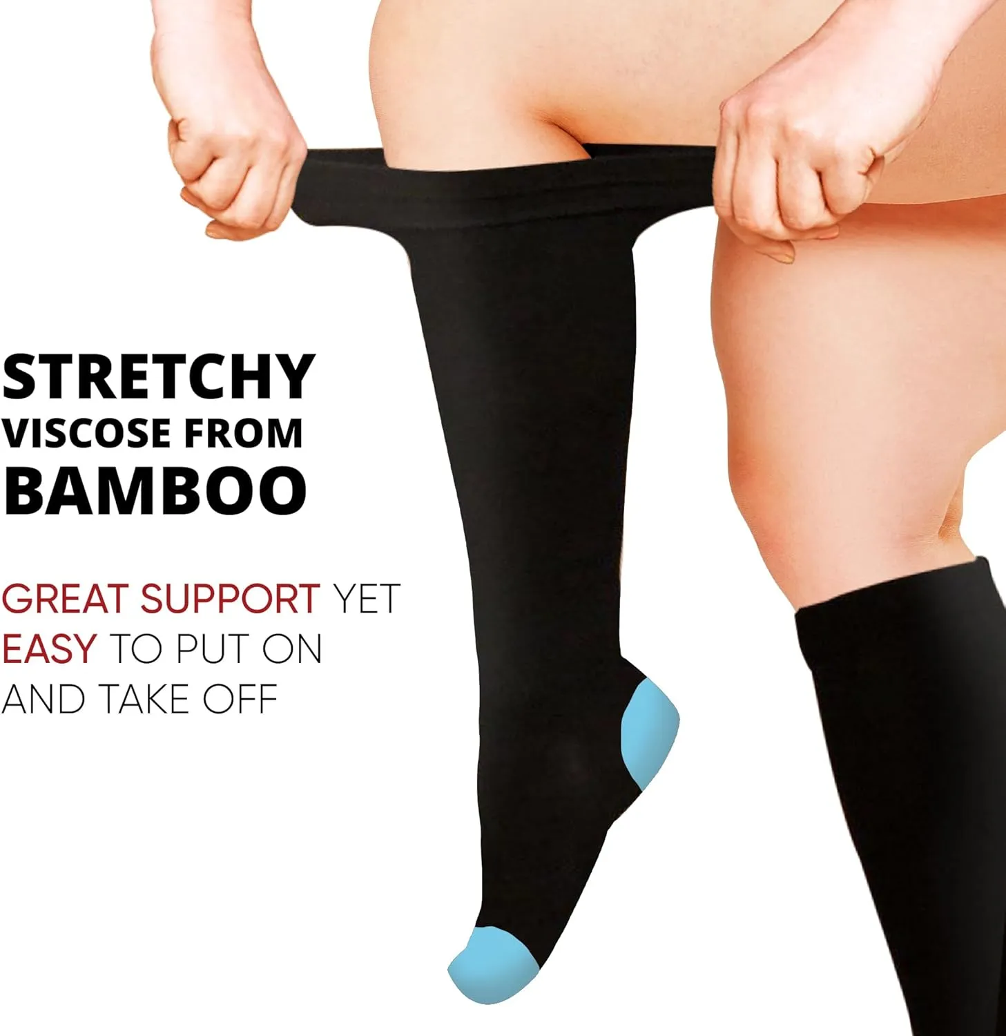 BAMS Plus Size Compression Socks Wide Calf XL XXL XXXL – Graduated Knee-High Support, Viscose from Bamboo Easy-On/Easy-Off