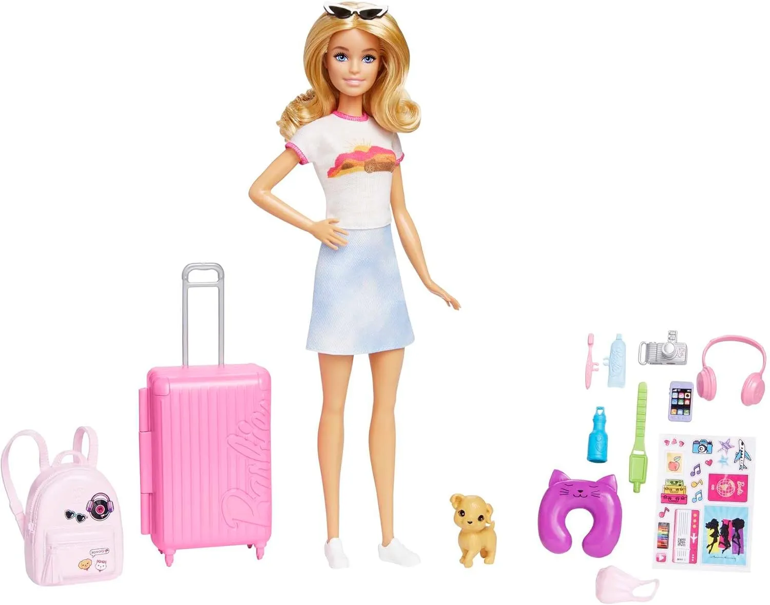 Barbie Doll & Accessories, Travel Set with Puppy and 10  Pieces, Suitcase Opens & Closes, Barbie "Malibu" with Blonde Hair