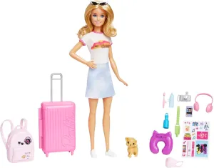 Barbie Doll & Accessories, Travel Set with Puppy and 10  Pieces, Suitcase Opens & Closes, Barbie "Malibu" with Blonde Hair