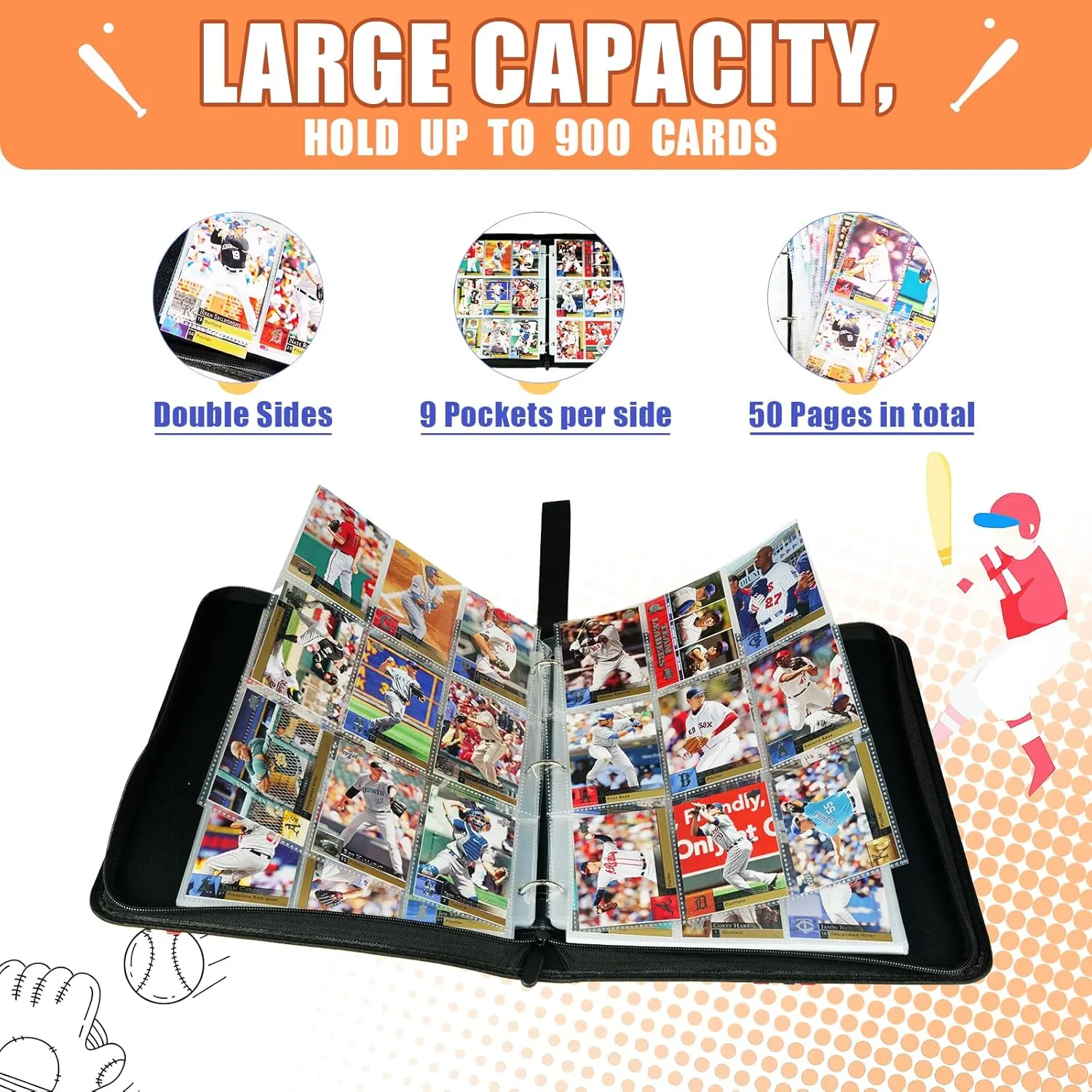 Baseball Gifts Cards Binder with Sleeves - 9 Pocket, Double Sided, 50 Removable Sleeves, Collectible 900 Cards - Zip Trading Card Collection/Collector Albums/Folder for MTG, TCG, Sport Cards