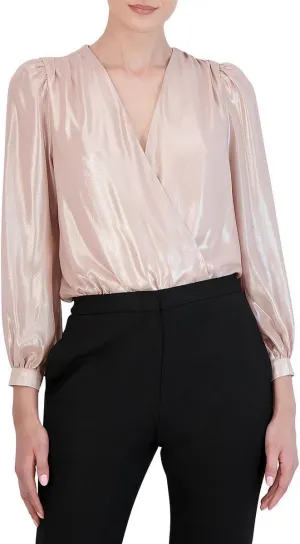 BCBGMAXAZRIA Women's Long Sleeve Blouson Bodysuit Surplice Neck Snap Closure One Piece