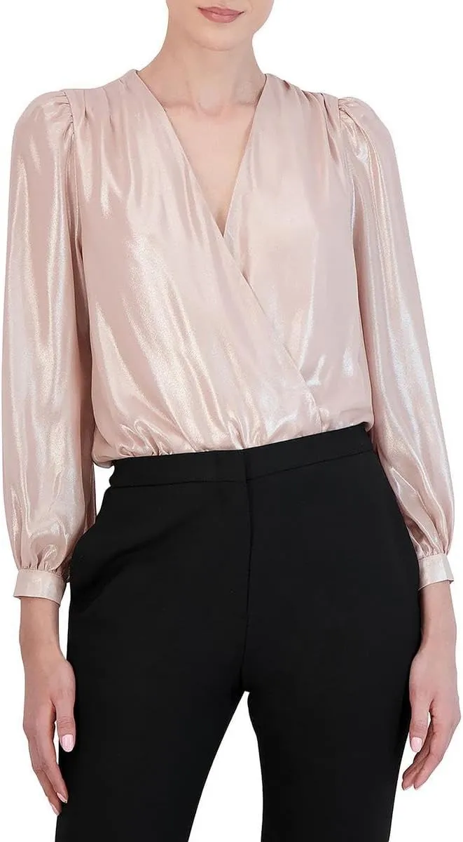 BCBGMAXAZRIA Women's Long Sleeve Blouson Bodysuit Surplice Neck Snap Closure One Piece