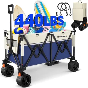 Beach Wagon Carts with Big Wheels for Sand, Raynesys 440 lbs Heavy Duty Foldable Wagon with 200L Capacity, All Terrain Utility Wagon, Beige Blue