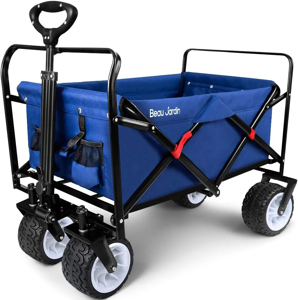 BEAU JARDIN Collapsible Folding Wagon 300 Pound Capacity Heavy Duty Foldable Beach Wagon Grocery Utility Cart for Garden Sports Shopping Outdoor All Terrain Wheel Portable Blue