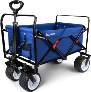 BEAU JARDIN Collapsible Folding Wagon 300 Pound Capacity Heavy Duty Foldable Beach Wagon Grocery Utility Cart for Garden Sports Shopping Outdoor All Terrain Wheel Portable Blue