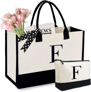 BeeGreen Initial Canvas/Jute Tote Bag Personalized Bag for Wedding, Birthday, Beach, Gift for Women, Mom, Teacher,Friend