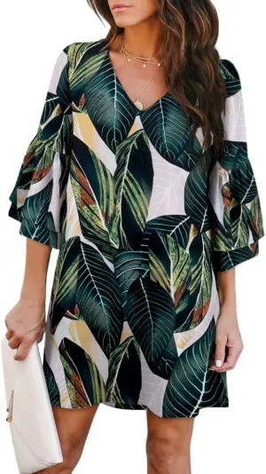 BELONGSCI Women's 2025 Summer Dress Sweet & Cute V-Neck Bell Sleeve Mini Shift Dress, Perfect for Wedding or Graduation