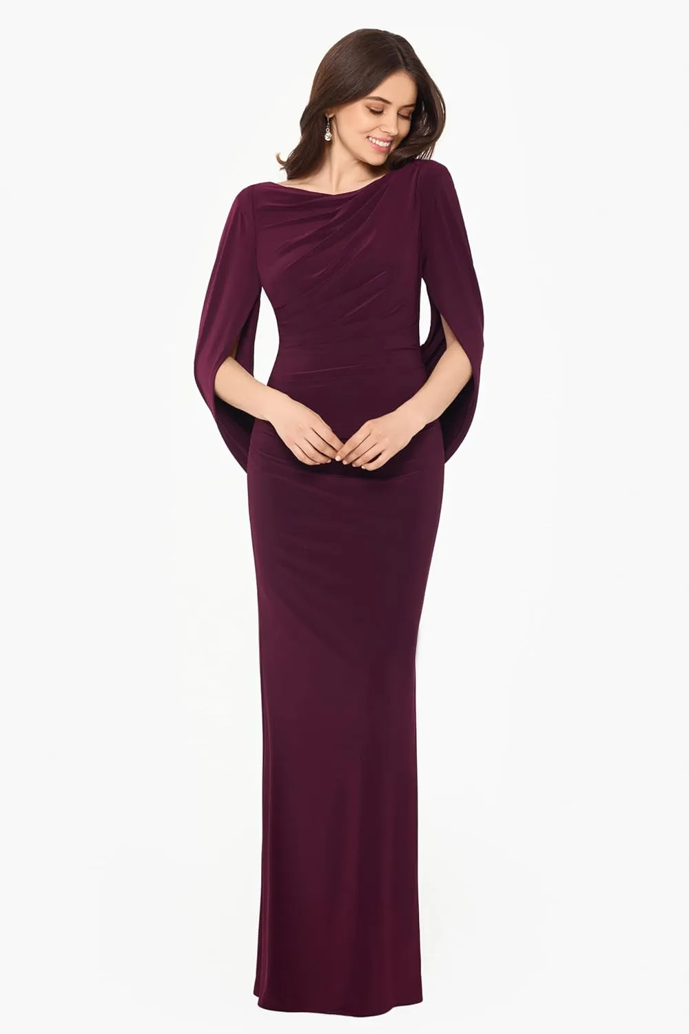 Betsy & Adam Women's Long Stretchy 3/4 Sleeve Cowl Neck Drape Back Gown