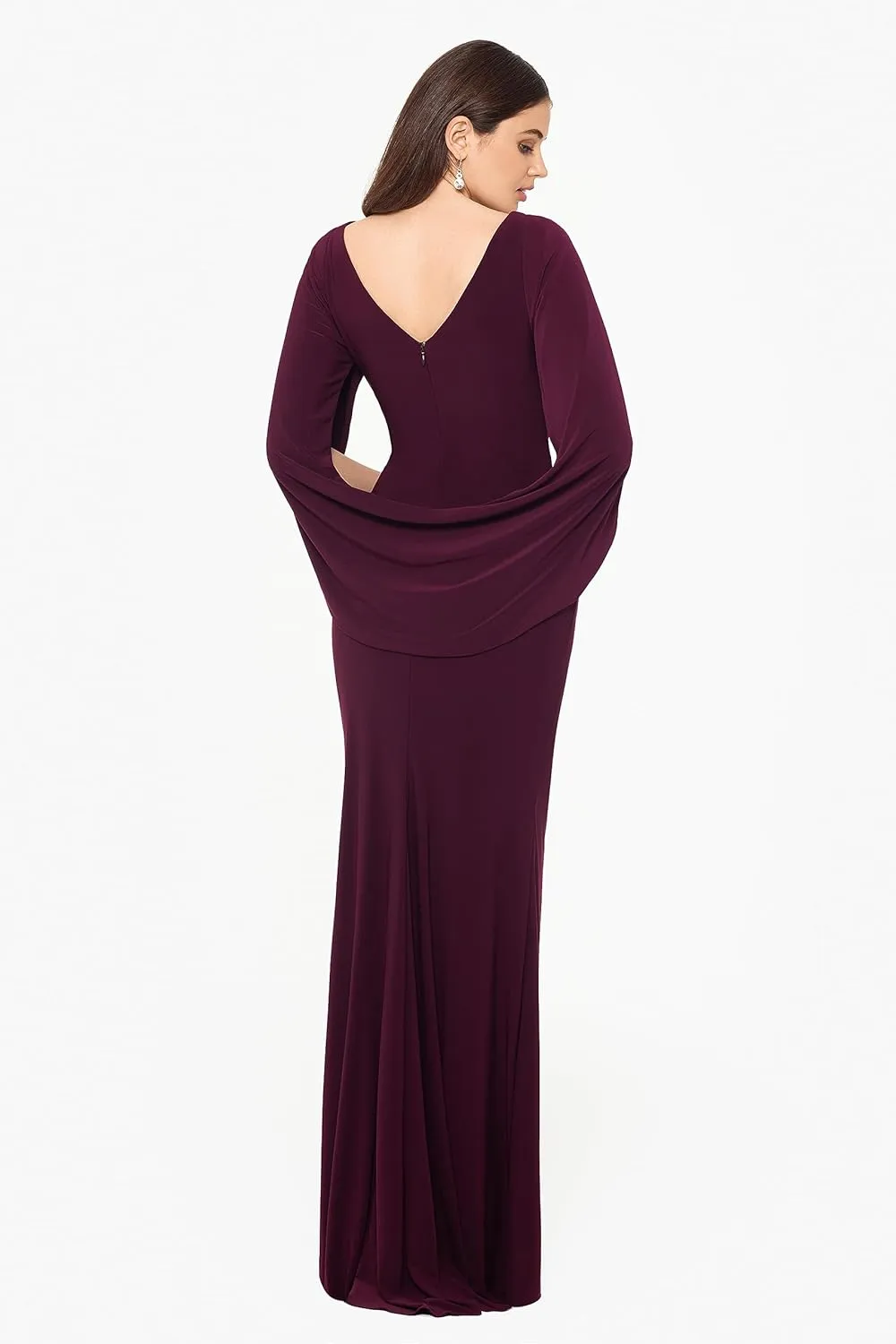 Betsy & Adam Women's Long Stretchy 3/4 Sleeve Cowl Neck Drape Back Gown