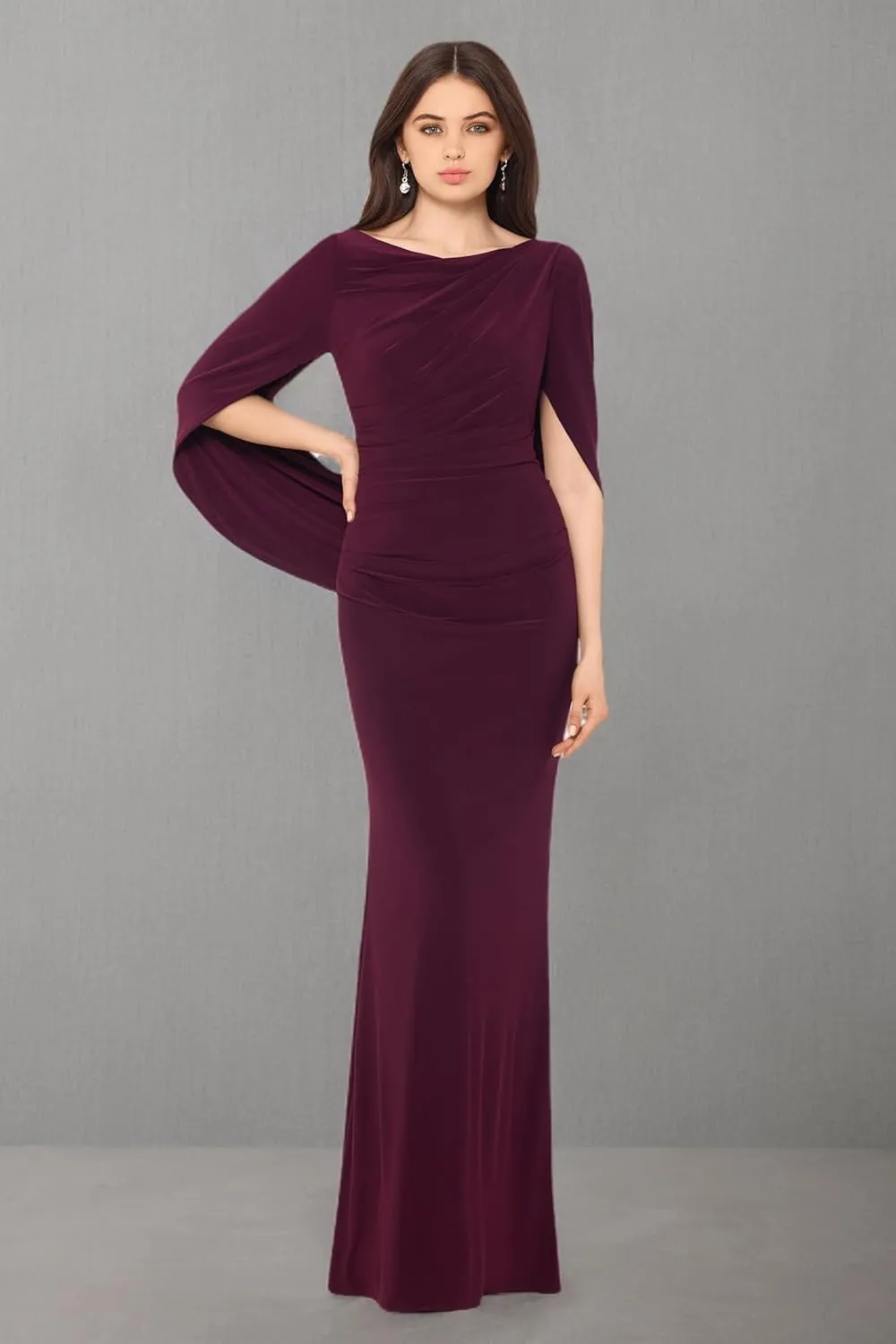 Betsy & Adam Women's Long Stretchy 3/4 Sleeve Cowl Neck Drape Back Gown