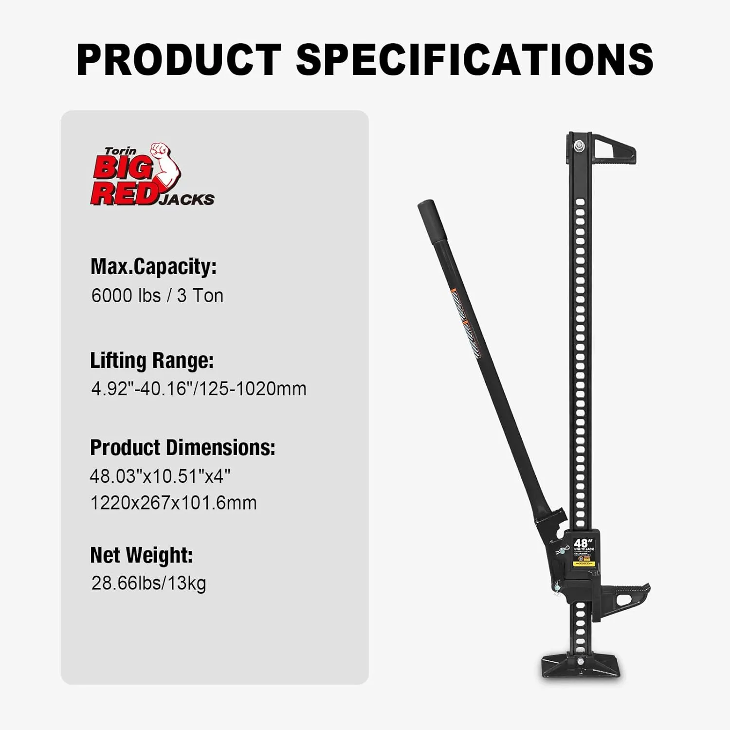 BIG RED ATR6501BR Torin 48" Ratcheting Off Road Utility Farm Jack: 3 Ton (6,000 lb) Capacity, Black