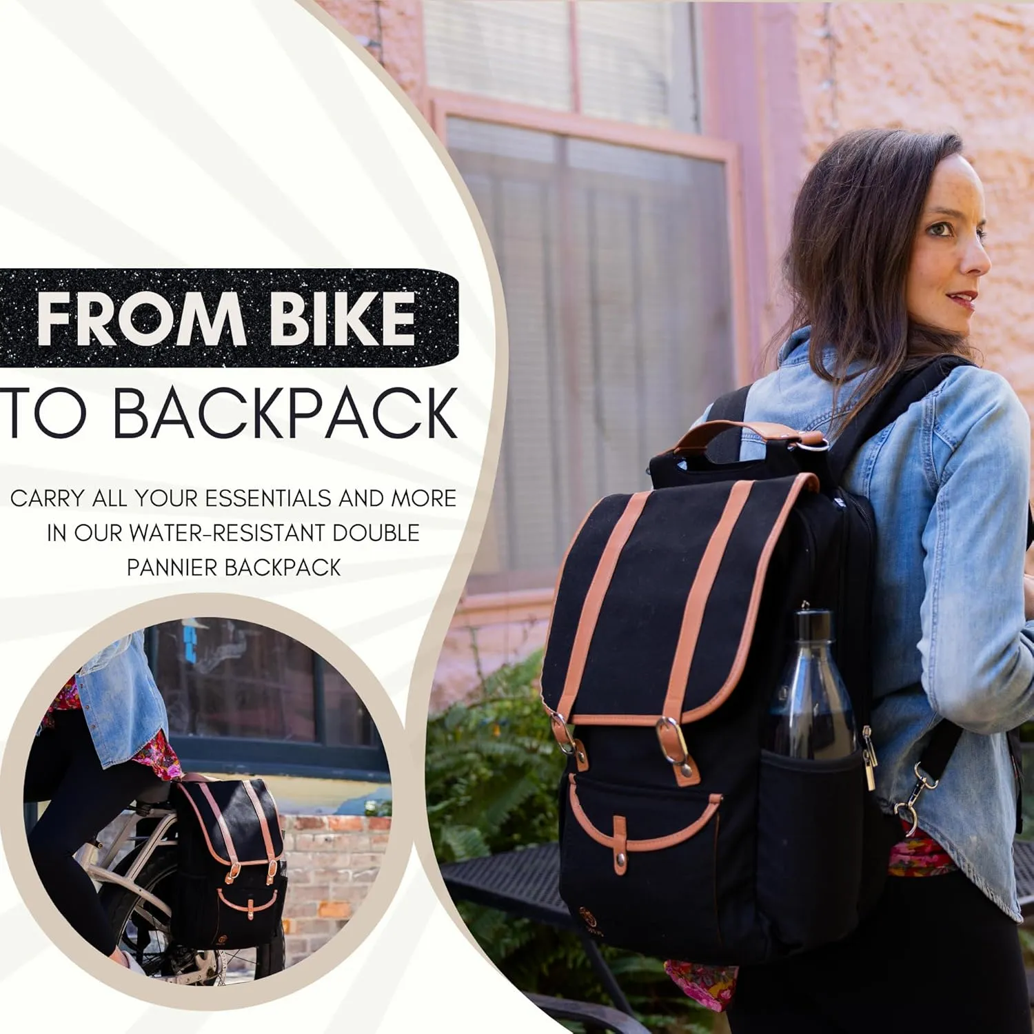 Bike Backpack Laptop (Black) – Convertible Double Pannier for Bicycles, Water-Resistant Canvas Commuter Bag with Padded Laptop Pocket, 17.3L Rear Rack Bike Bag, Ideal Bicycle Gifts for Women & Men
