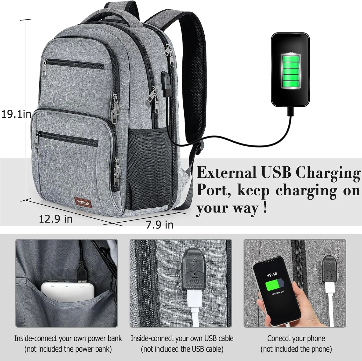 BIKROD Backpack for Men and Women, School Backpacks Water Resistant Back Pack with USB Charging Port, TSA Travel Backpack, Business Anti Theft Sturdy Computer Bag Gifts Fits 17.3 Inch Laptop, Grey