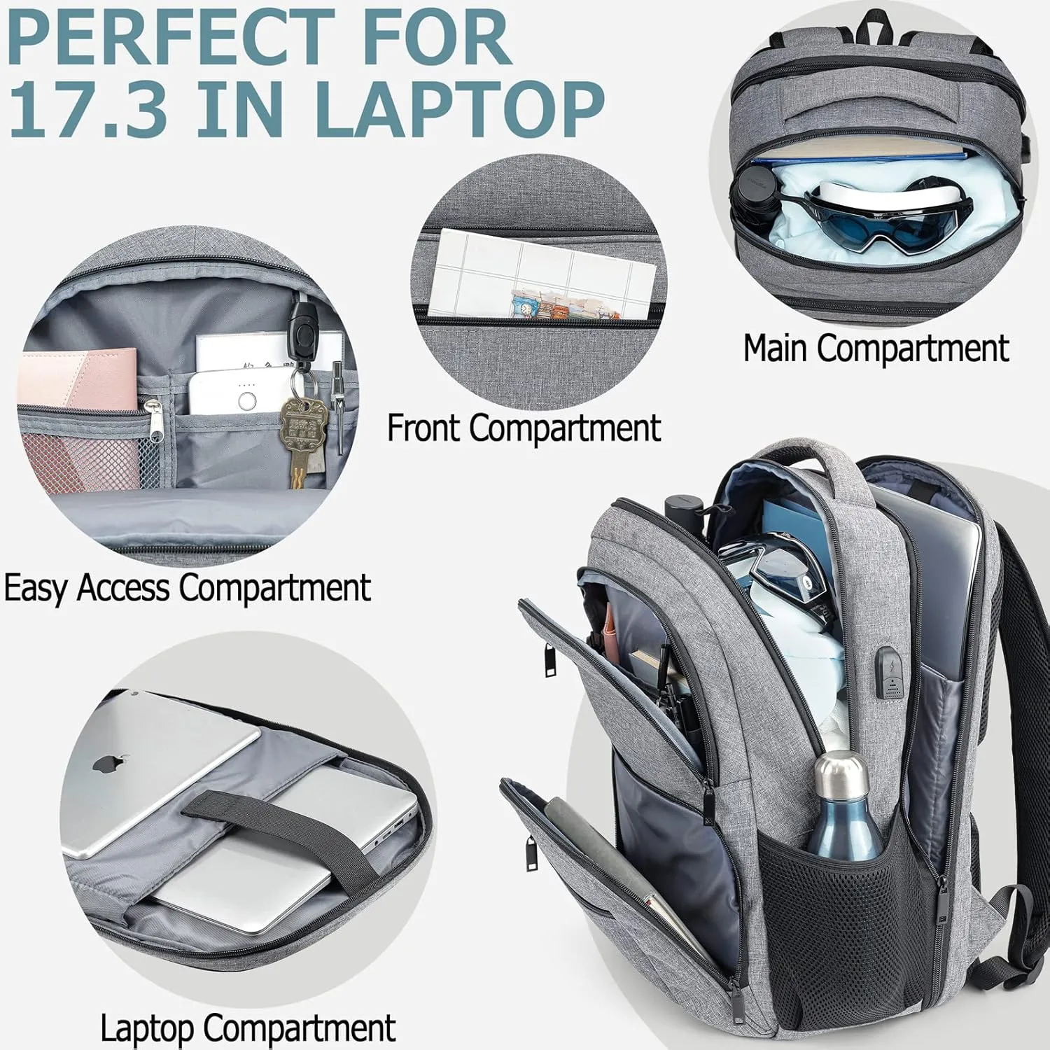 BIKROD Backpack for Men and Women, School Backpacks Water Resistant Back Pack with USB Charging Port, TSA Travel Backpack, Business Anti Theft Sturdy Computer Bag Gifts Fits 17.3 Inch Laptop, Grey