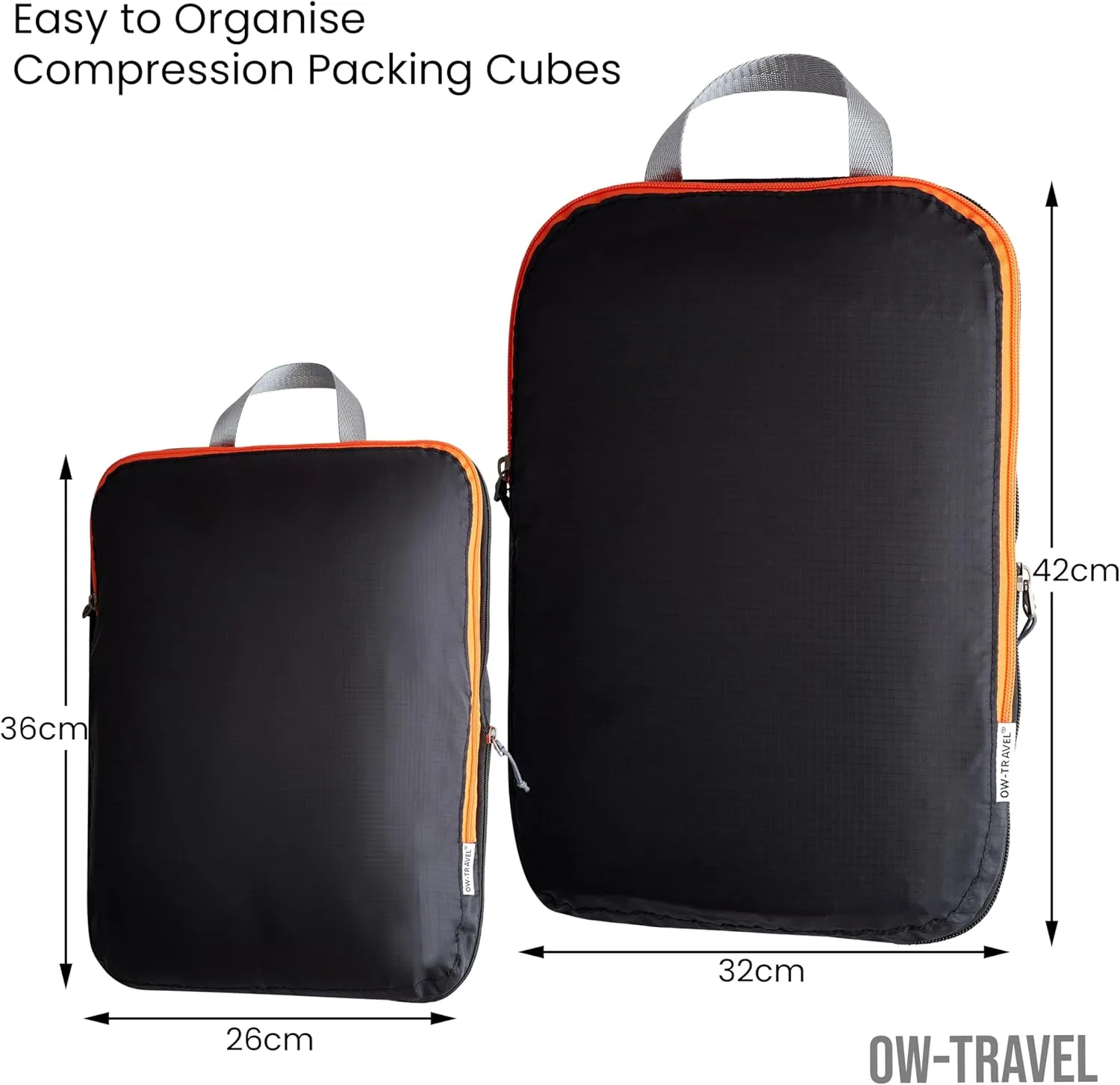 Black compression packing cubes for suitcases. Travel compression storage organiser bags